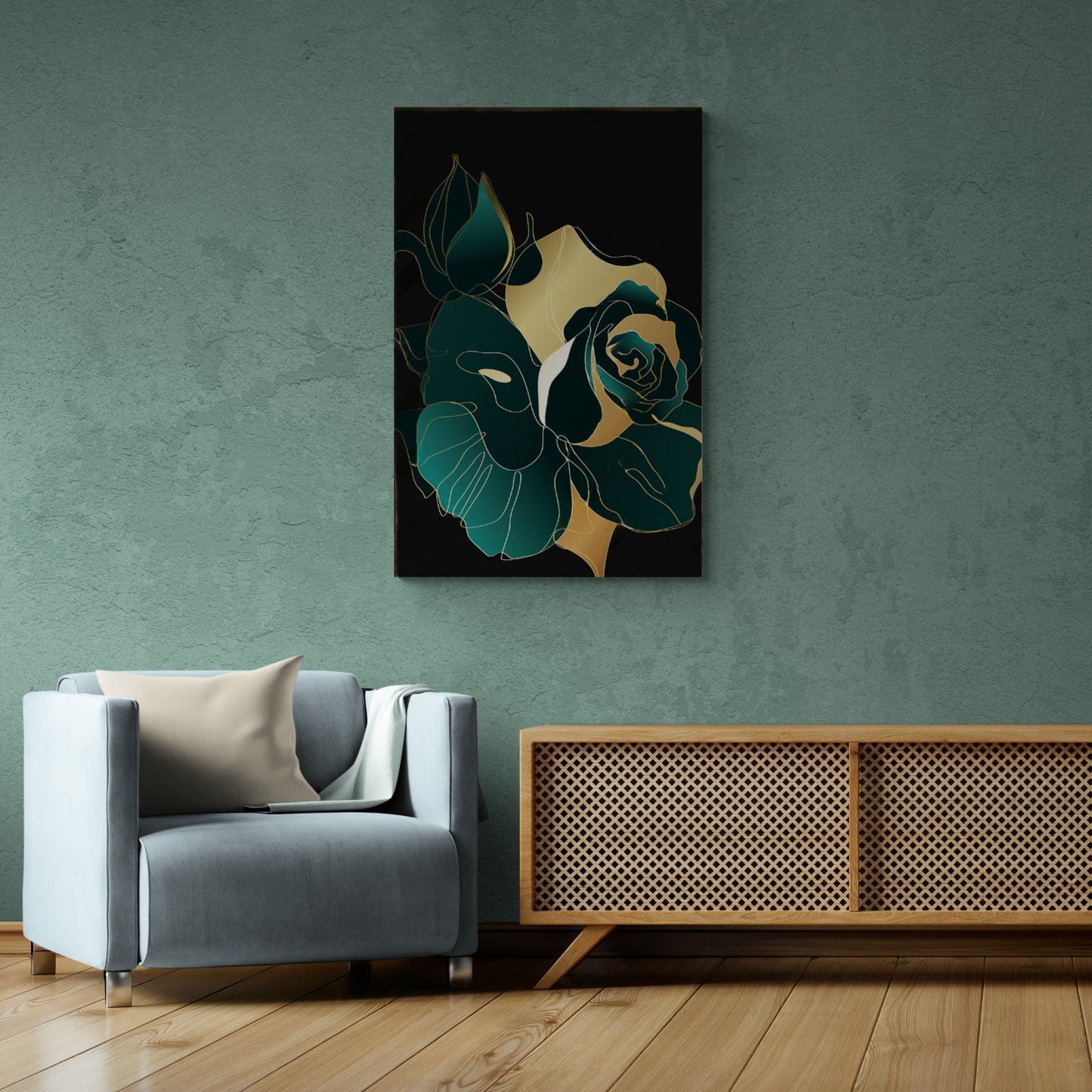 Florale Wandkunst, grüner Rosen-Kunstdruck, gerahmtes abstraktes Kunstwerk, große Blumen-Wandkunst, vertikale Wandkunst über dem Bett, Geschenk für die Frau