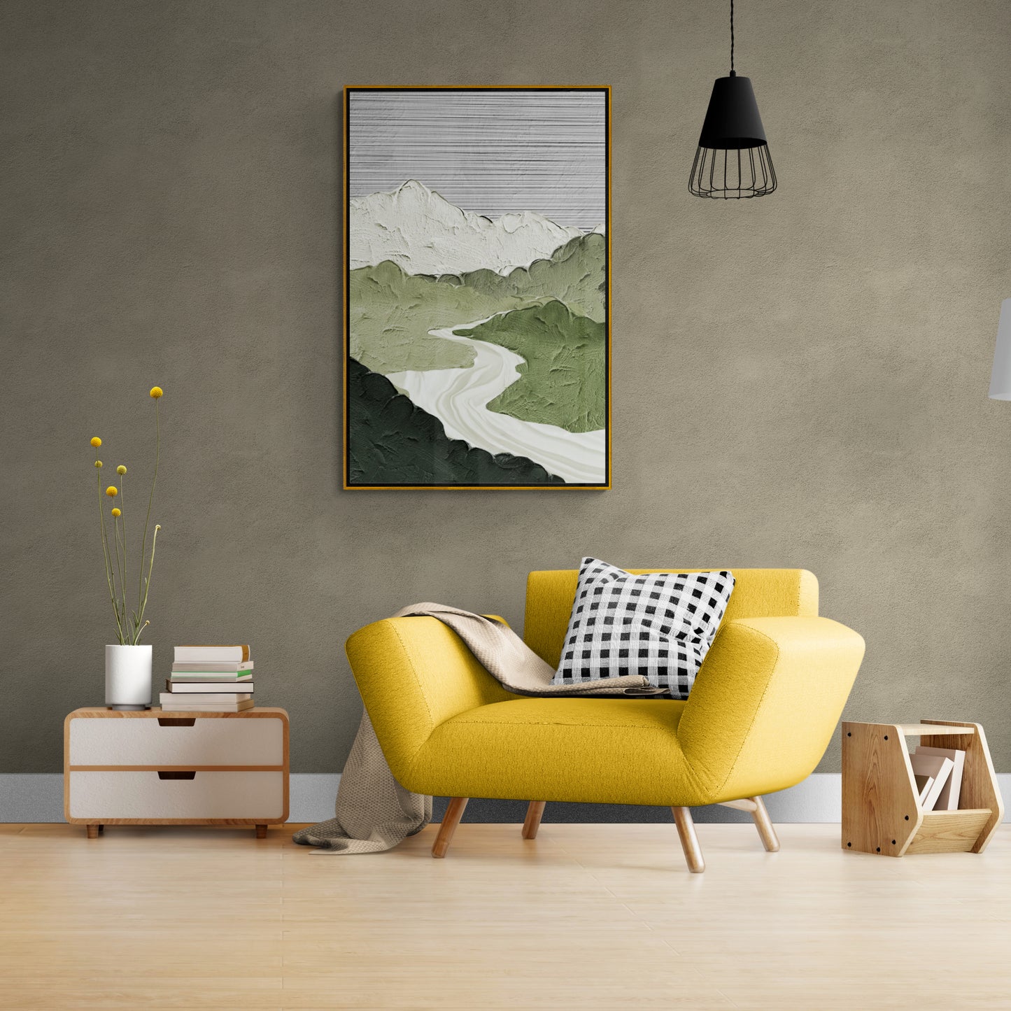 Abstrakte Wandkunst, Berge Kunstdruck, gerahmter grün-weißer Leinwanddruck, abstraktes Landschaftskunstwerk, Einweihungsgeschenk