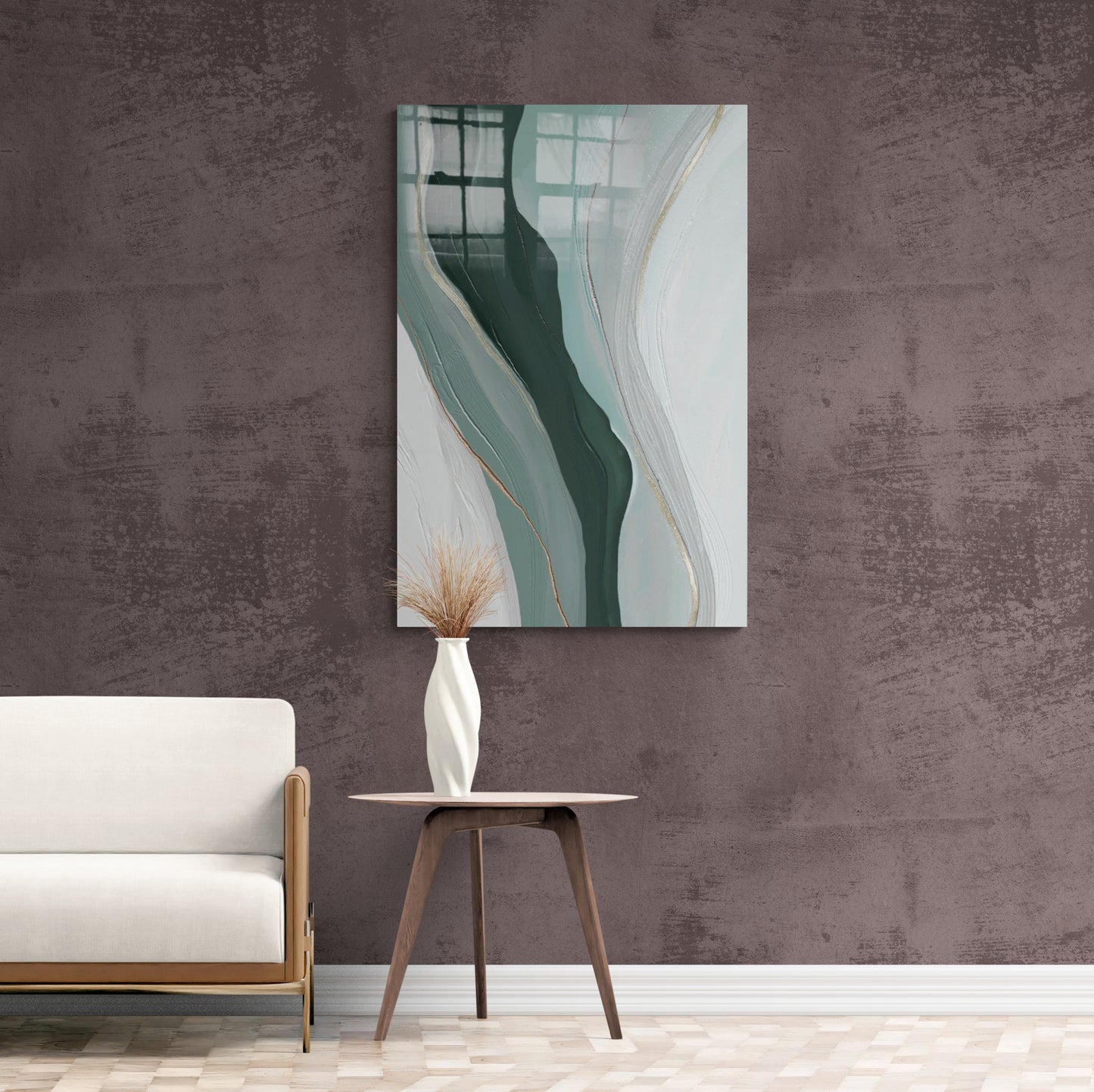 Abstrakte Wandkunst, grün-weißer Leinwanddruck, maskuline Wandkunst, zeitgenössischer Kunstdruck, Rahmenkunstwerk, Wandkunst im Aluminiumrahmen, weißes Rahmenkunstwerk, Geschenk für ihn