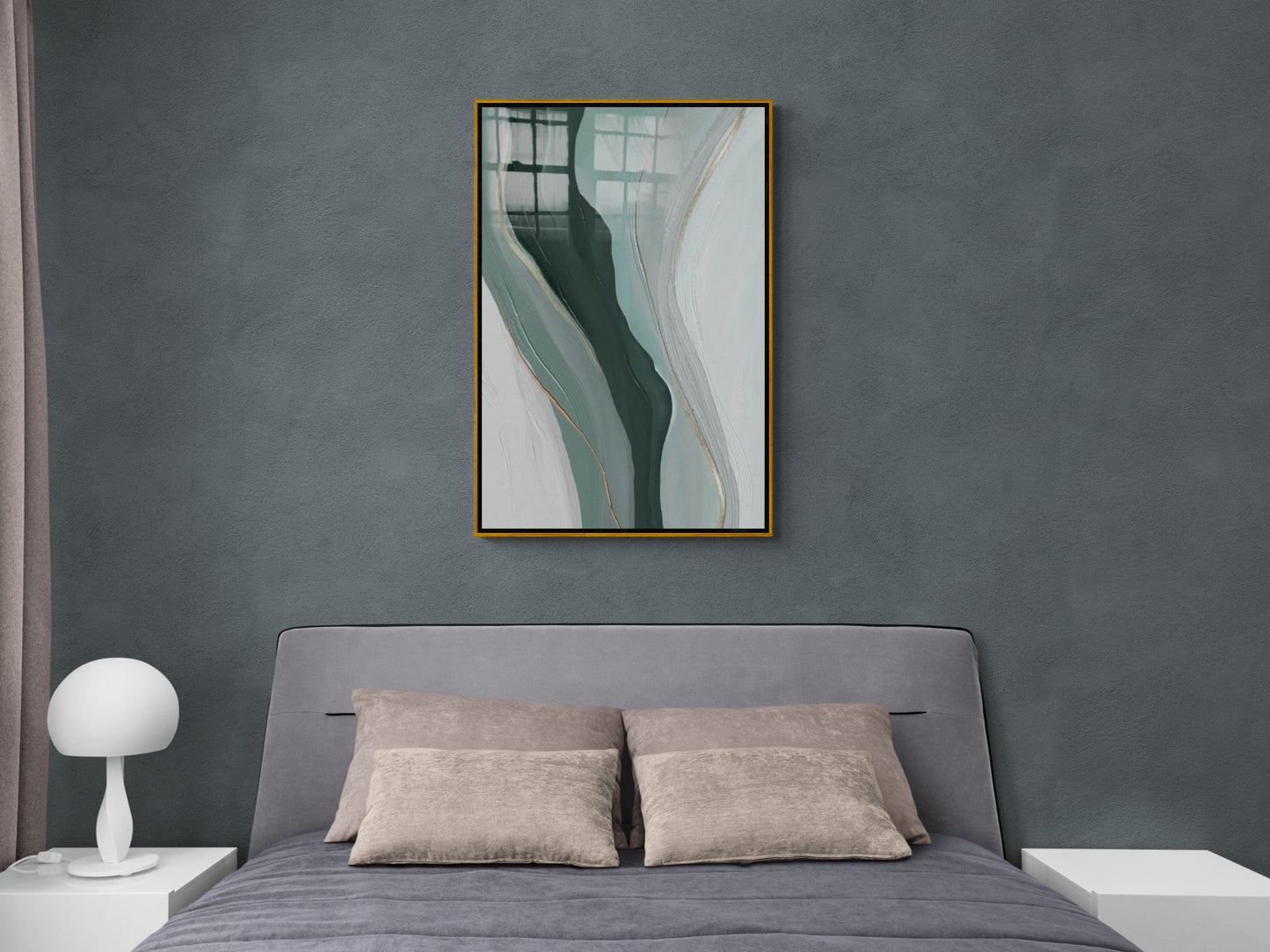 Abstrakte Wandkunst, grün-weißer Leinwanddruck, maskuline Wandkunst, zeitgenössischer Kunstdruck, Rahmenkunstwerk, Wandkunst im Aluminiumrahmen, weißes Rahmenkunstwerk, Geschenk für ihn