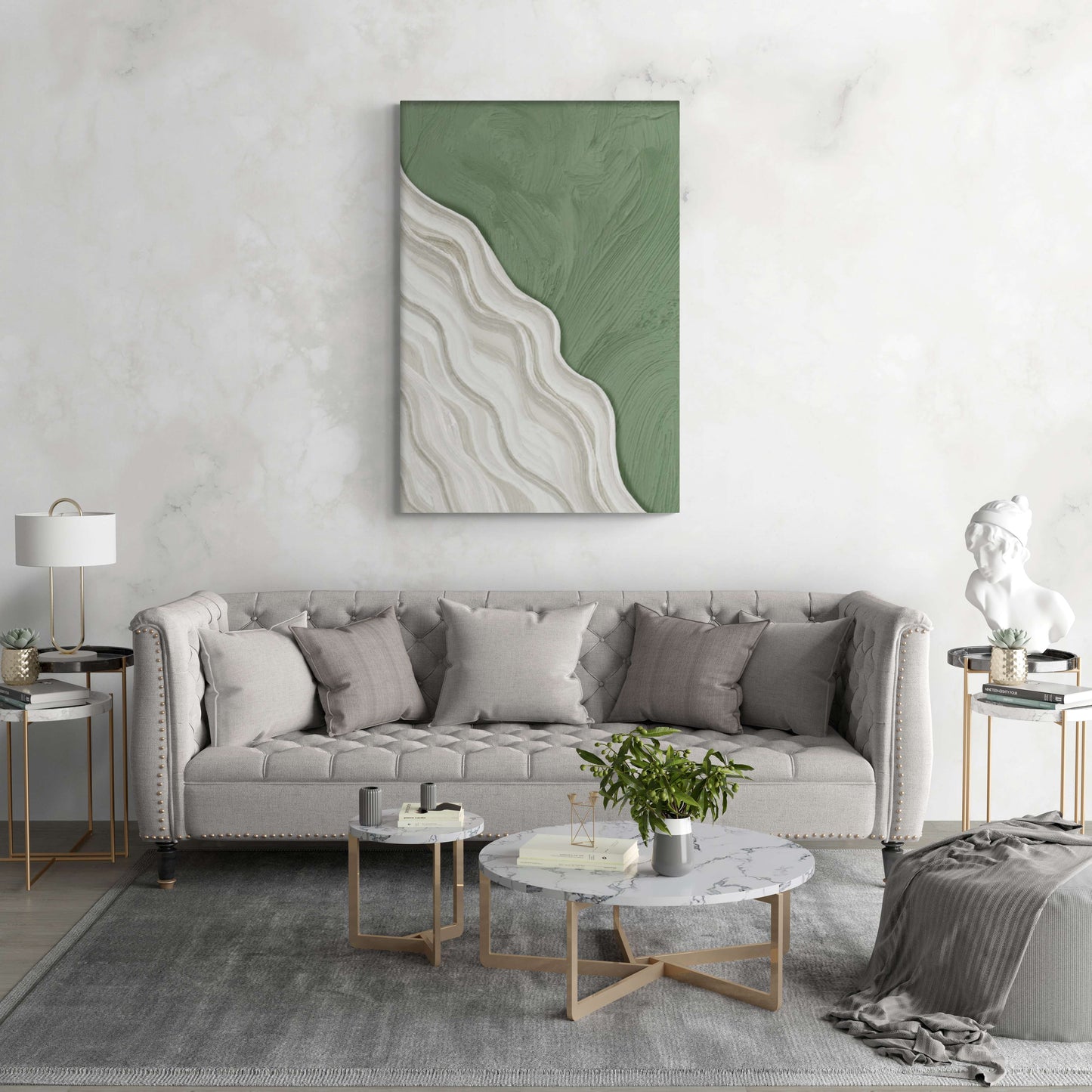 Abstrakte grün-weiße Wandkunst, Ölgemälde-Effekt Leinwanddruck, Kunstwerk über dem Bett, gerahmtes Kunstwerk, Rahmenwandkunst, Geschenk für ihn