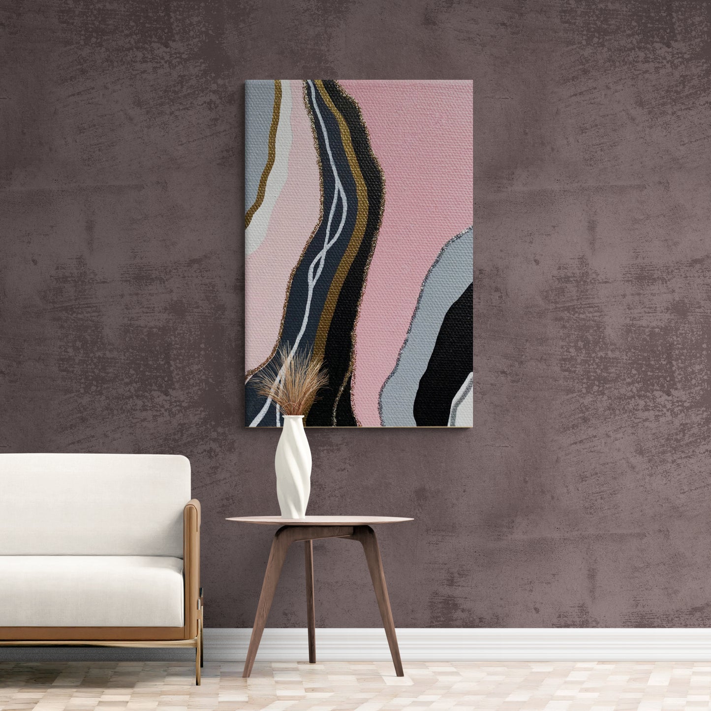 Abstrakter Leinwanddruck, gerahmte rosa und schwarze Wandkunst, große zeitgenössische Wandkunst, Art-Deco-Leinwanddruck, Wohnzimmer-Wandkunst