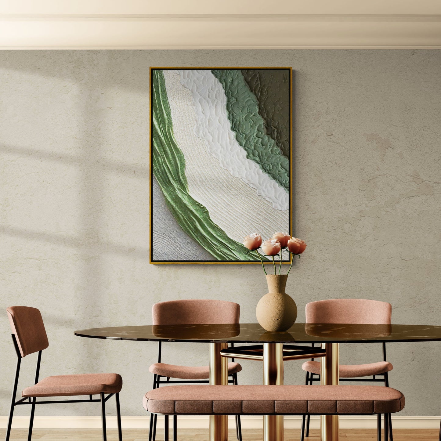 Abstrakte Wandkunst, grün-weißer Kunstdruck, moderner gerahmter Leinwanddruck, Wandkunst mit Ölgemälde-Effekt, Geschenk zur Wohnungserwärmung, Wandkunst fürs Wohnheim