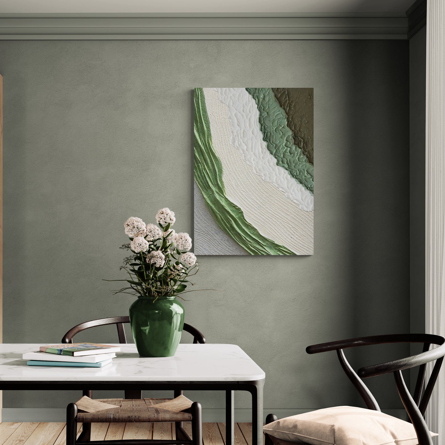 Abstrakte Wandkunst, grün-weißer Kunstdruck, moderner gerahmter Leinwanddruck, Wandkunst mit Ölgemälde-Effekt, Geschenk zur Wohnungserwärmung, Wandkunst fürs Wohnheim