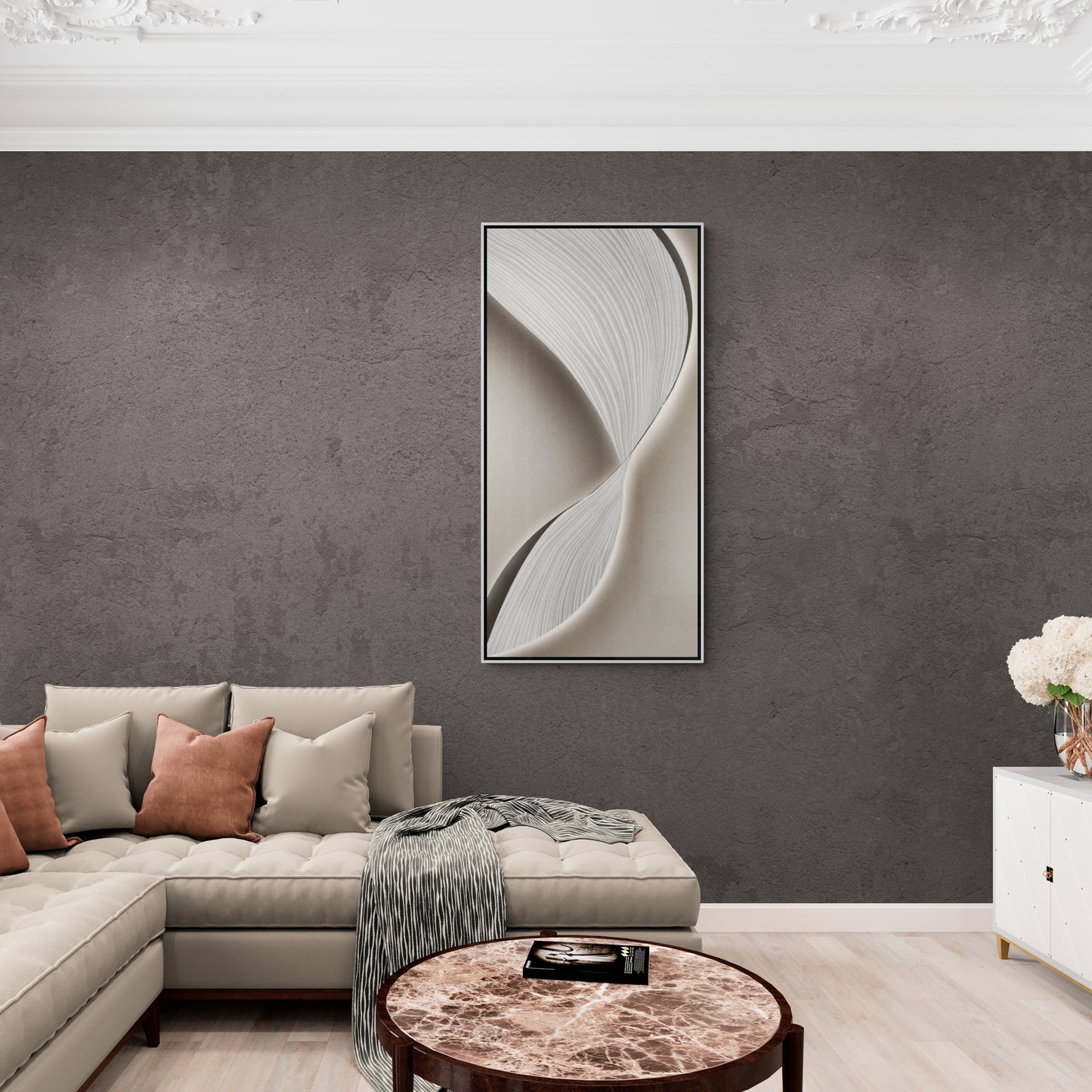 Abstrakte Wellenwandkunst, großer gerahmter Leinwanddruck, grau-weißer Kunstdruck, Geschenk für ihn, moderne Bürowandkunst