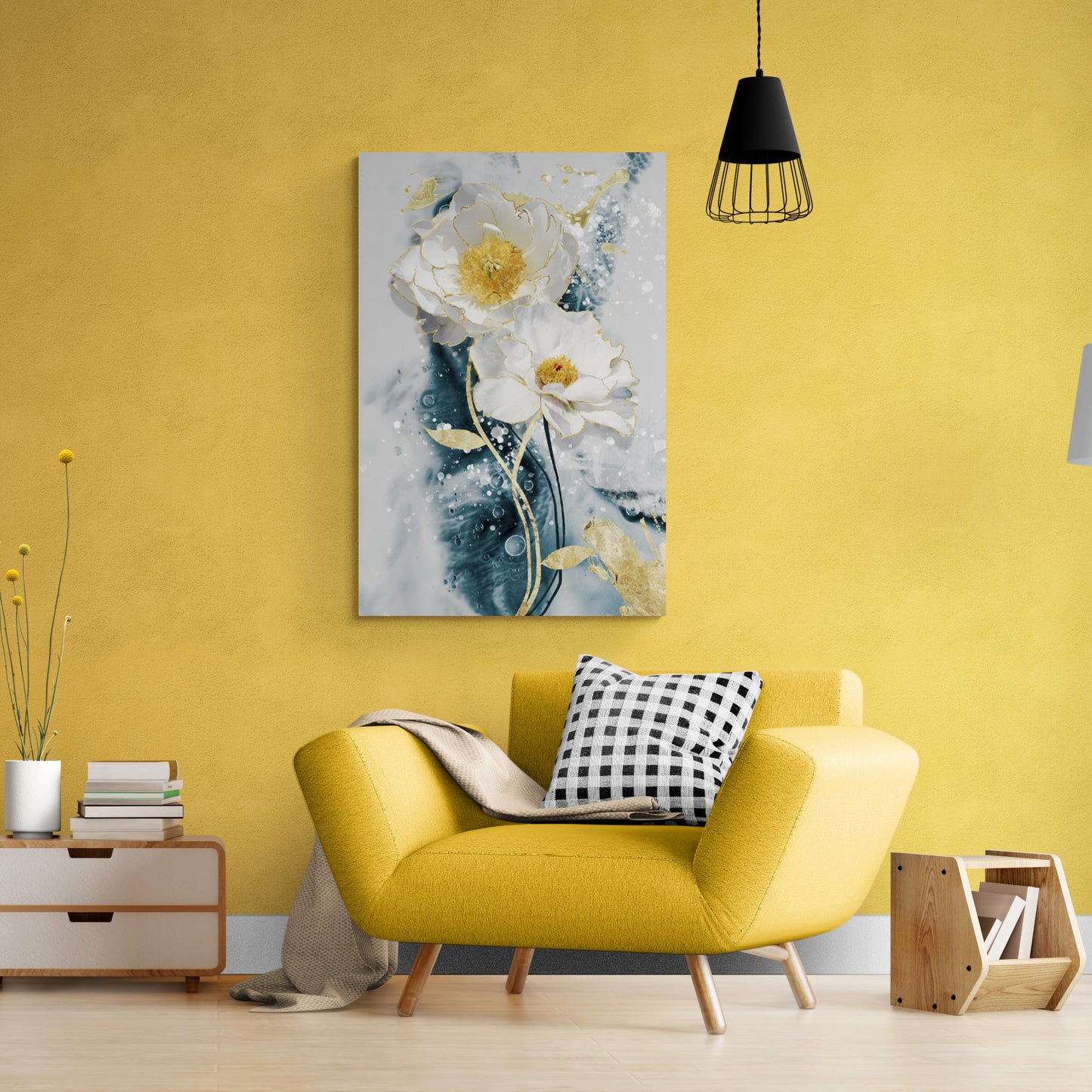 Florale Wandkunst, Kunstwerk mit sanften Blumen, Leinwanddruck mit weißen Blumen, gerahmtes botanisches Kunstwerk, florale Wandkunst in Weiß, Blau und Gold, Geschenk für die Patentante, Wandkunst für das Schlafzimmer