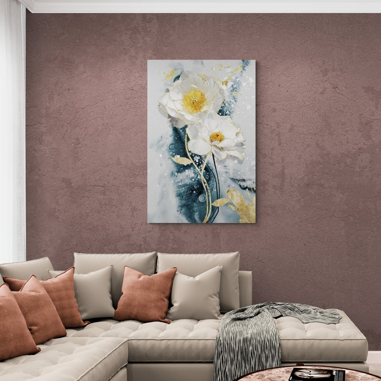 Florale Wandkunst, Kunstwerk mit sanften Blumen, Leinwanddruck mit weißen Blumen, gerahmtes botanisches Kunstwerk, florale Wandkunst in Weiß, Blau und Gold, Geschenk für die Patentante, Wandkunst für das Schlafzimmer