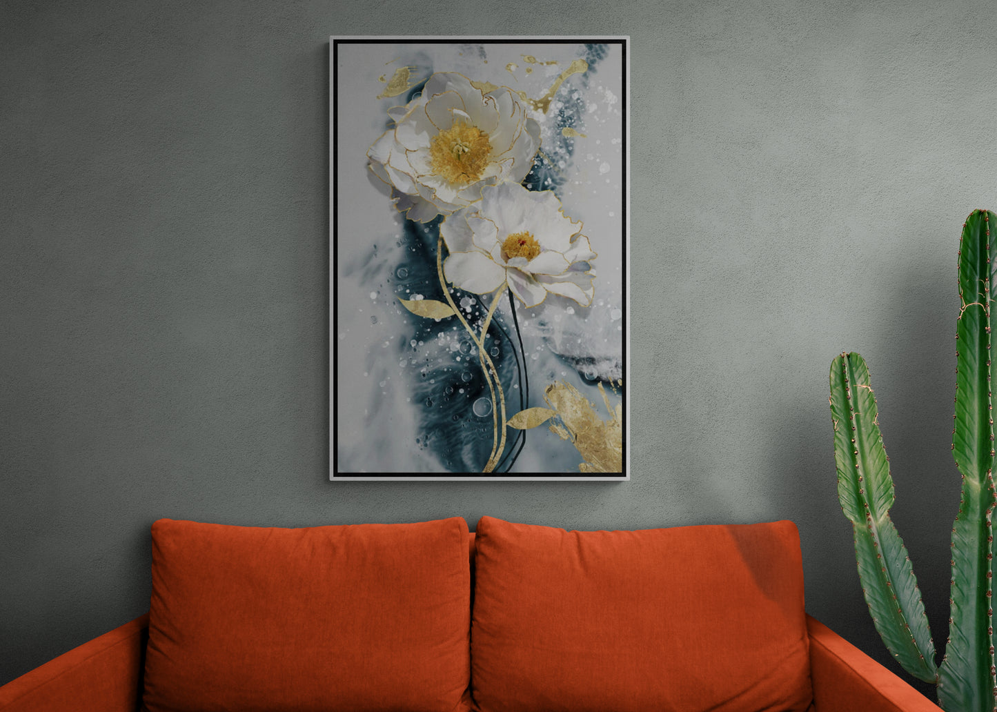 Florale Wandkunst, Kunstwerk mit sanften Blumen, Leinwanddruck mit weißen Blumen, gerahmtes botanisches Kunstwerk, florale Wandkunst in Weiß, Blau und Gold, Geschenk für die Patentante, Wandkunst für das Schlafzimmer