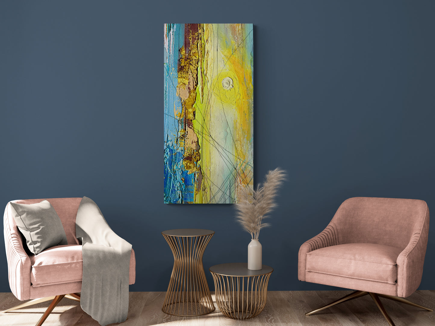 Farbenfrohe Wandkunst, abstrakter Kunstdruck, Leinwanddruck im Marmorrahmen, blaue und gelbe Wandkunst, modernes Kunstwerk über dem Bett, Bild zum Verschenken