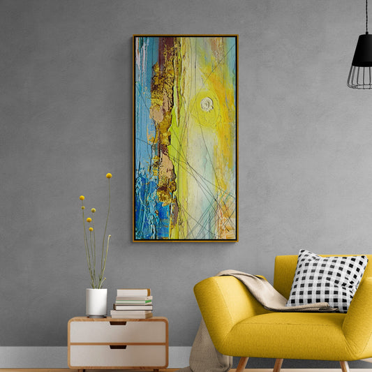 Farbenfrohe Wandkunst, abstrakter Kunstdruck, Leinwanddruck im Marmorrahmen, blaue und gelbe Wandkunst, modernes Kunstwerk über dem Bett, Bild zum Verschenken