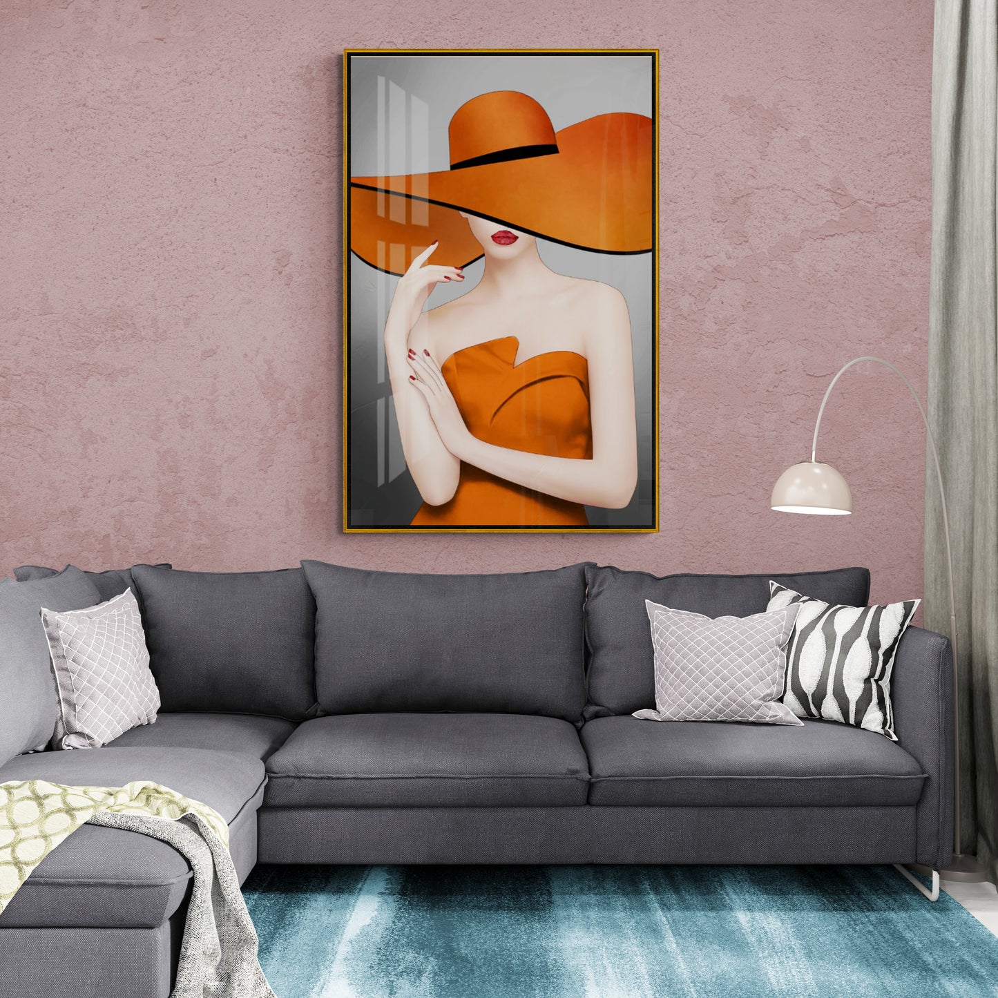 Mode-Leinwanddruck, stylischer Frauen-Kunstdruck, gerahmte Wandkunst, orange und graue Wandkunst, modernes Kunstwerk, hängende Wandkunst, Geschenk für Sie