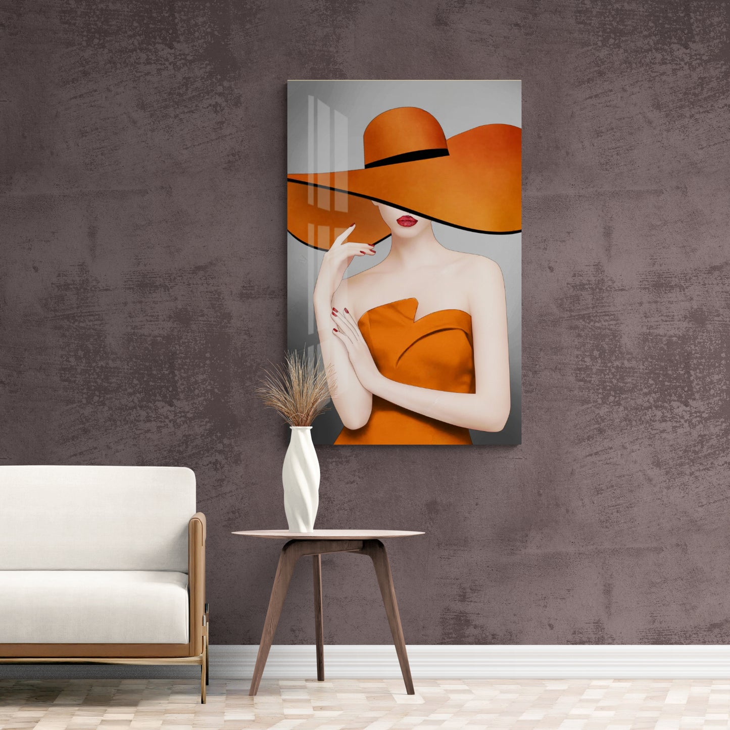 Mode-Leinwanddruck, stylischer Frauen-Kunstdruck, gerahmte Wandkunst, orange und graue Wandkunst, modernes Kunstwerk, hängende Wandkunst, Geschenk für Sie