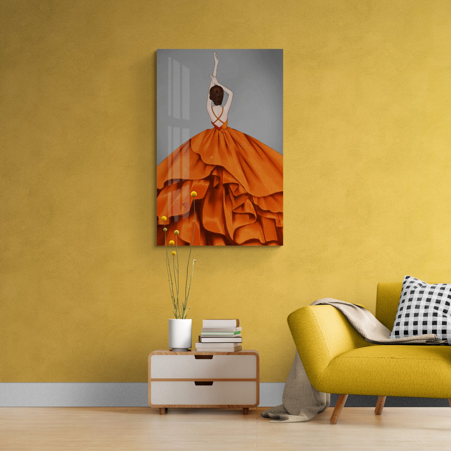 Mode-Wandkunst, Kunstdruck einer tanzenden Frau, stylischer Leinwanddruck, gerahmte Wandkunst, orange und graues Kunstwerk, Geschenk für sie, Schlafzimmer-Wandkunst
