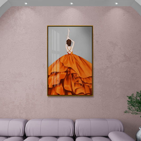 Mode-Wandkunst, Kunstdruck einer tanzenden Frau, stylischer Leinwanddruck, gerahmte Wandkunst, orange und graues Kunstwerk, Geschenk für sie, Schlafzimmer-Wandkunst