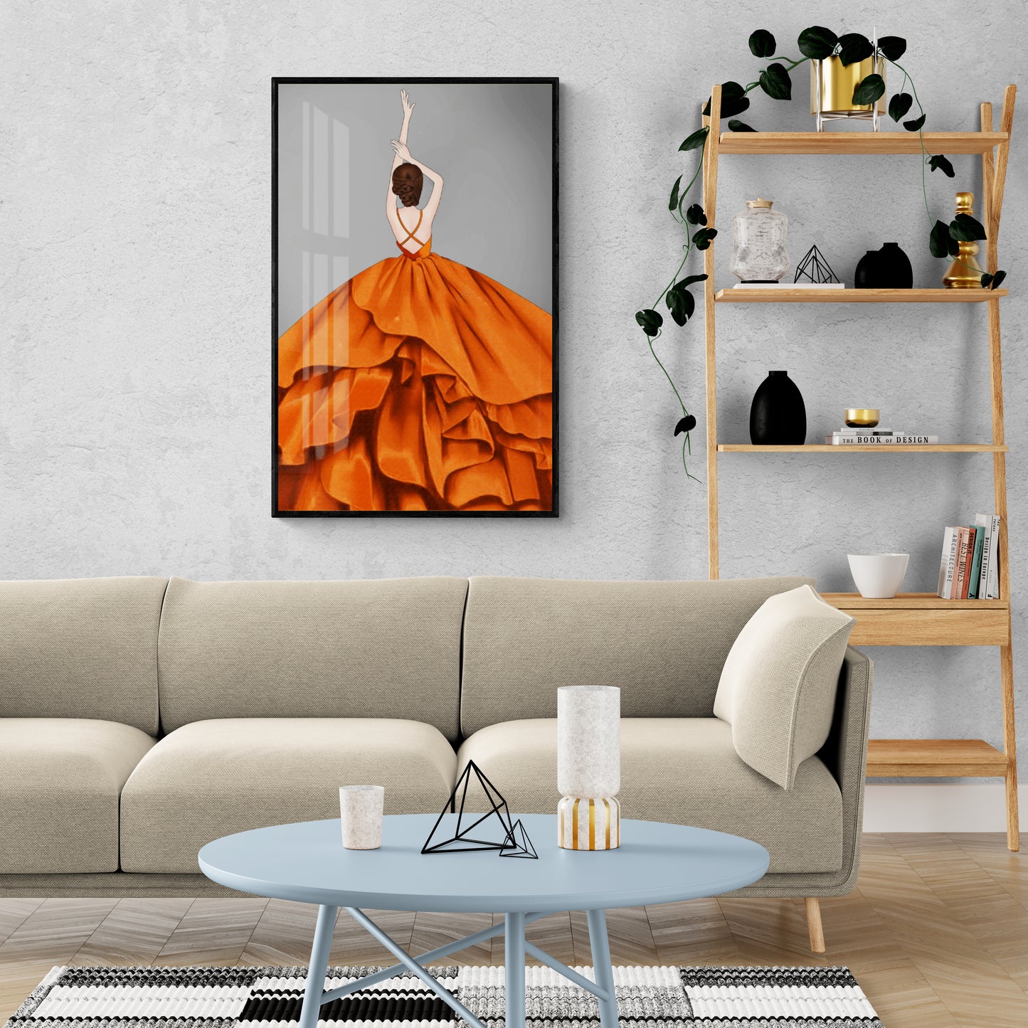 Mode-Wandkunst, Kunstdruck einer tanzenden Frau, stylischer Leinwanddruck, gerahmte Wandkunst, orange und graues Kunstwerk, Geschenk für sie, Schlafzimmer-Wandkunst