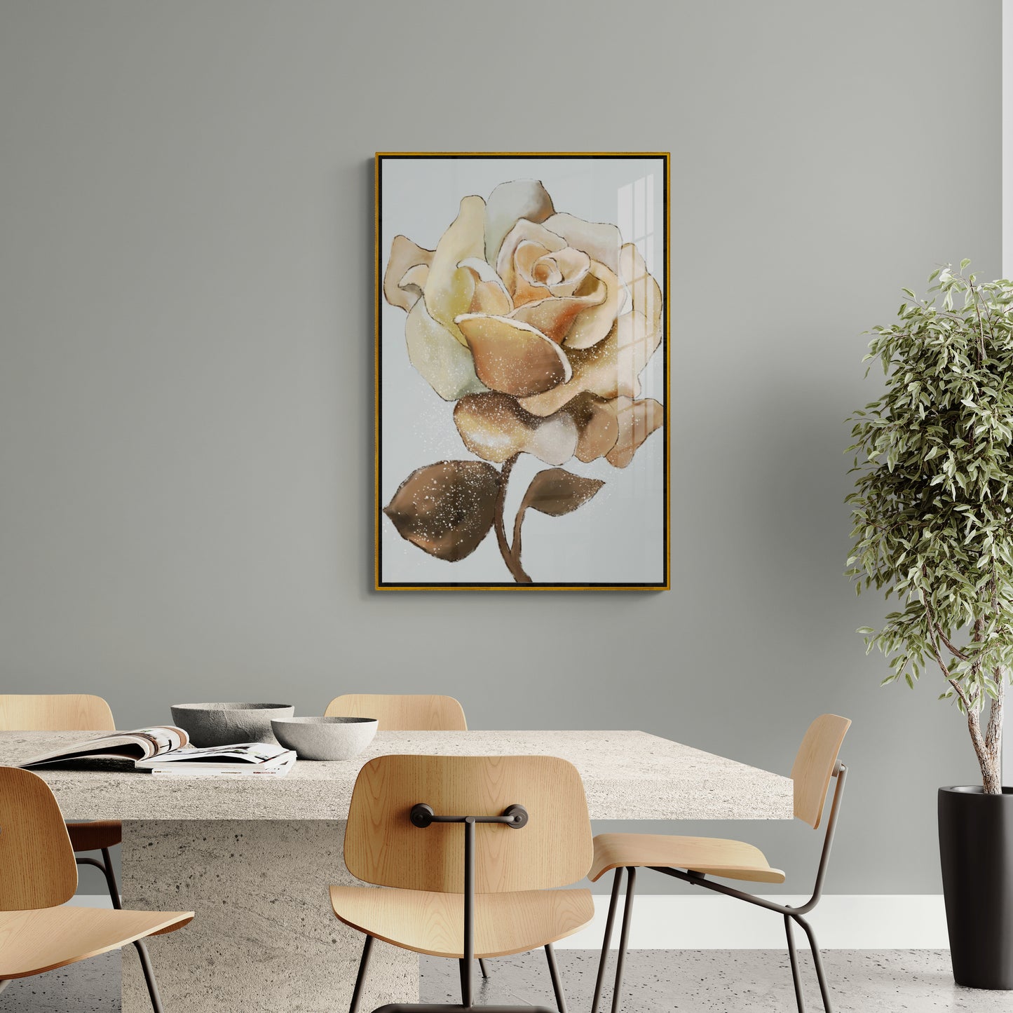 Gerahmte florale Wandkunst, großer Blumen-Leinwanddruck, botanischer Kunstdruck für Wohnzimmer, große Wandkunst mit Rose, druckbare Wandkunst als Geschenk