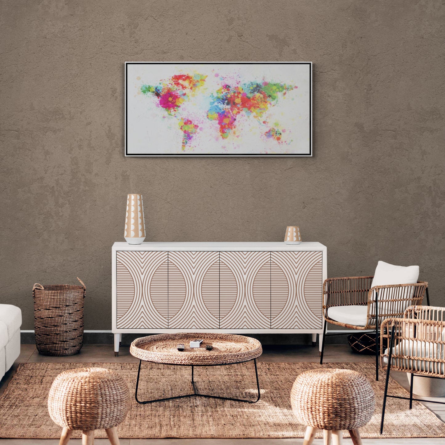 Leinwanddruck mit Weltkarte, abstrakte Wandkunst, farbenfrohes Kunstwerk, gerahmte Wandkunst, horizontale Wandkunst über dem Bett, Leinwanddruck fürs Büro