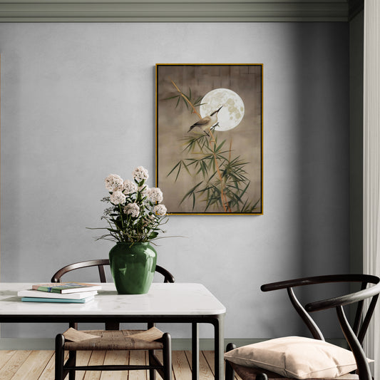 Wandkunst mit Pflanzen und Vögeln, botanischer Leinwanddruck, orientalische Wandkunst, Chinoiserie-Kunstwerk fürs Wohnzimmer, Wandkunst mit Mondbild, Wandkunst als Geschenk