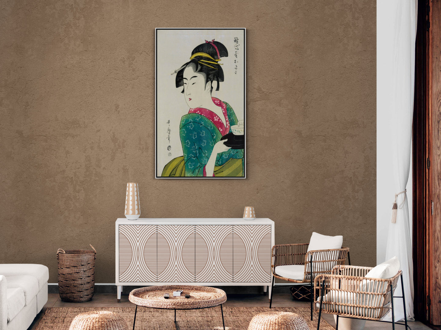 Chinoiserie Wandkunst, Chinesische Frau Wandkunst, gerahmter Leinwanddruck im orientalischen Stil, Geisha Wandkunst druckbares Kunstwerk mit Hieroglifos, Geschenk Wandkunst