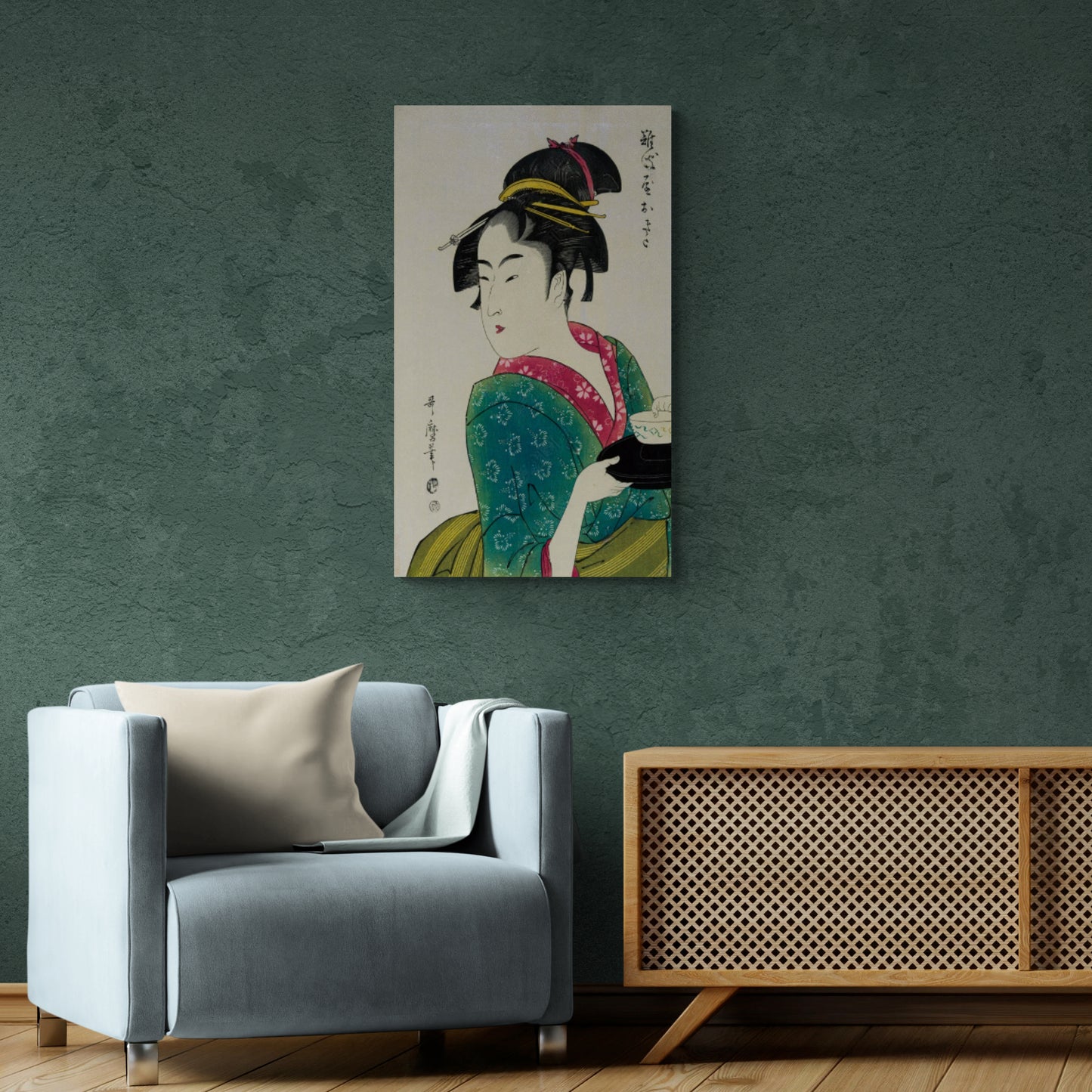 Chinoiserie Wandkunst, Chinesische Frau Wandkunst, gerahmter Leinwanddruck im orientalischen Stil, Geisha Wandkunst druckbares Kunstwerk mit Hieroglifos, Geschenk Wandkunst