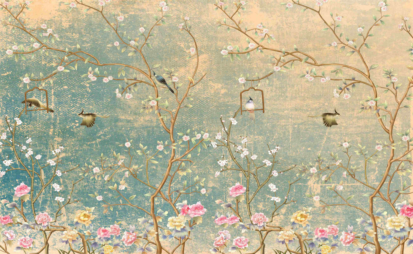 Chinoiserie-Tapete, große Tapete mit Vögeln und Bäumen, asiatisches botanisches Wandbild, abnehmbare Akzenttapete, selbstklebende Tapete, abziehbares und aufklebbares Wandbild aus Leinwand