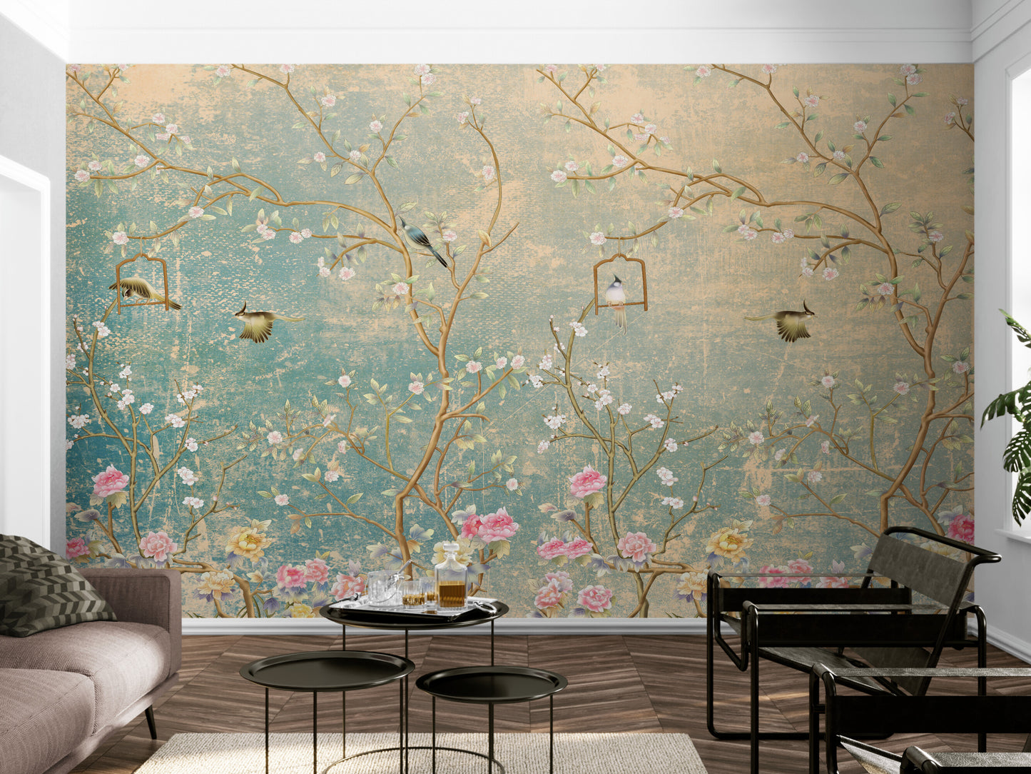 Chinoiserie-Tapete, große Tapete mit Vögeln und Bäumen, asiatisches botanisches Wandbild, abnehmbare Akzenttapete, selbstklebende Tapete, abziehbares und aufklebbares Wandbild aus Leinwand
