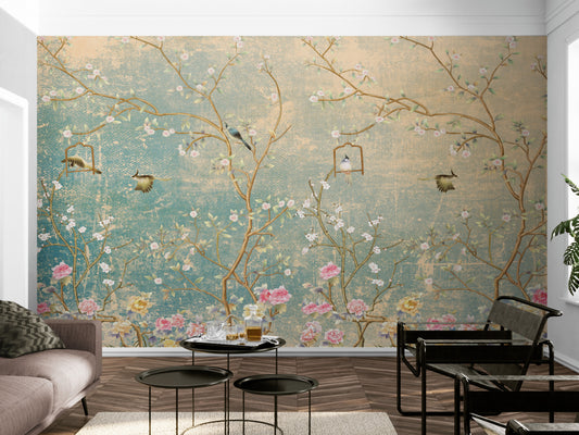 Chinoiserie-Tapete, große Tapete mit Vögeln und Bäumen, asiatisches botanisches Wandbild, abnehmbare Akzenttapete, selbstklebende Tapete, abziehbares und aufklebbares Wandbild aus Leinwand