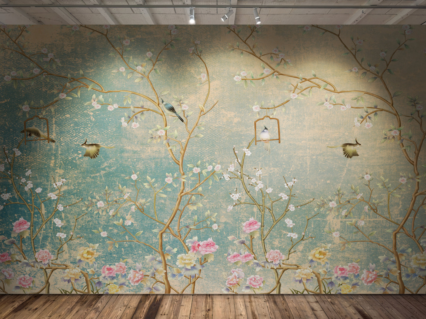 Chinoiserie-Tapete, große Tapete mit Vögeln und Bäumen, asiatisches botanisches Wandbild, abnehmbare Akzenttapete, selbstklebende Tapete, abziehbares und aufklebbares Wandbild aus Leinwand