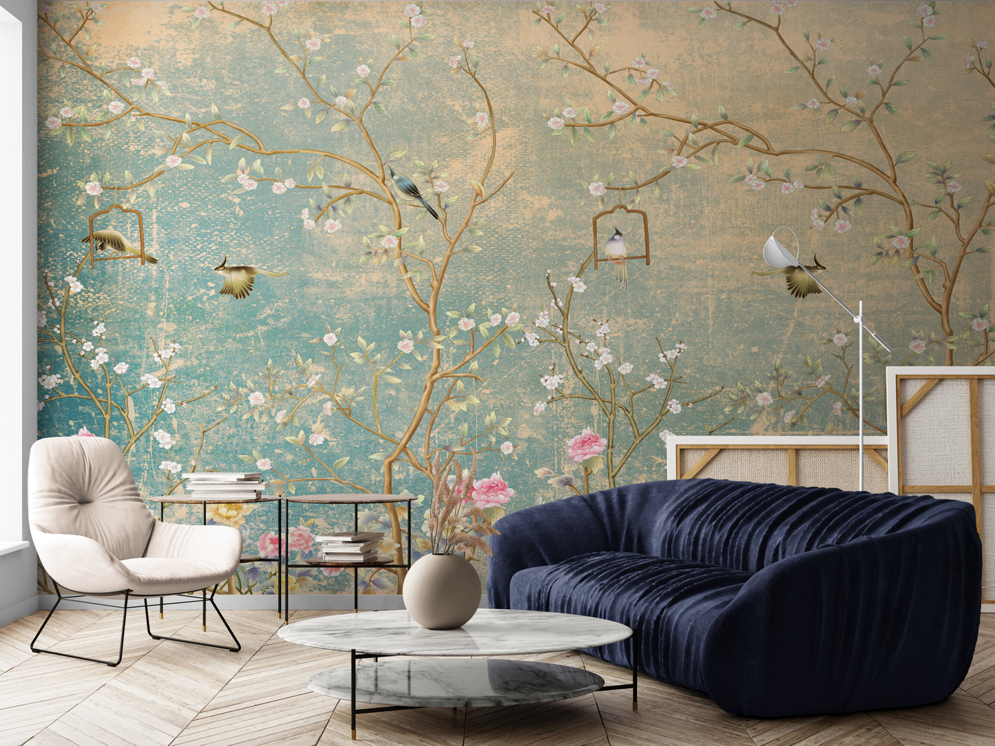 Chinoiserie-Tapete, große Tapete mit Vögeln und Bäumen, asiatisches botanisches Wandbild, abnehmbare Akzenttapete, selbstklebende Tapete, abziehbares und aufklebbares Wandbild aus Leinwand
