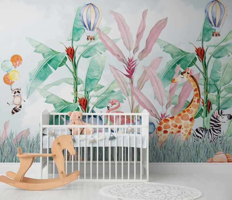 Kindertapete mit botanischem Bild, abziehbare und aufklebbare Kinderzimmertapete, temporäres Wandbild fürs Kinderzimmer