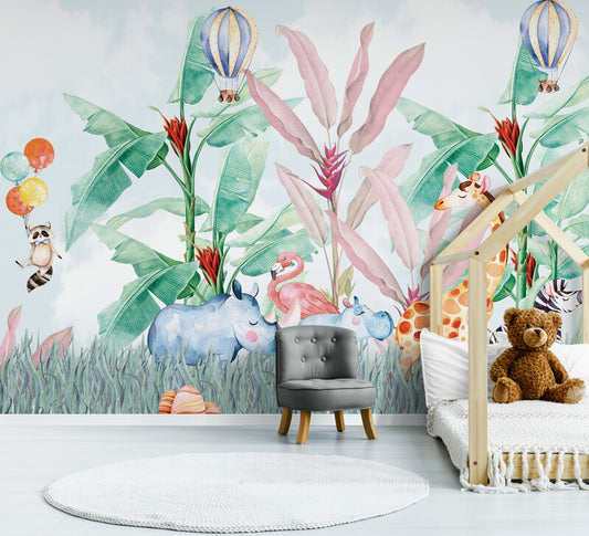 Kindertapete mit botanischem Bild, abziehbare und aufklebbare Kinderzimmertapete, temporäres Wandbild fürs Kinderzimmer