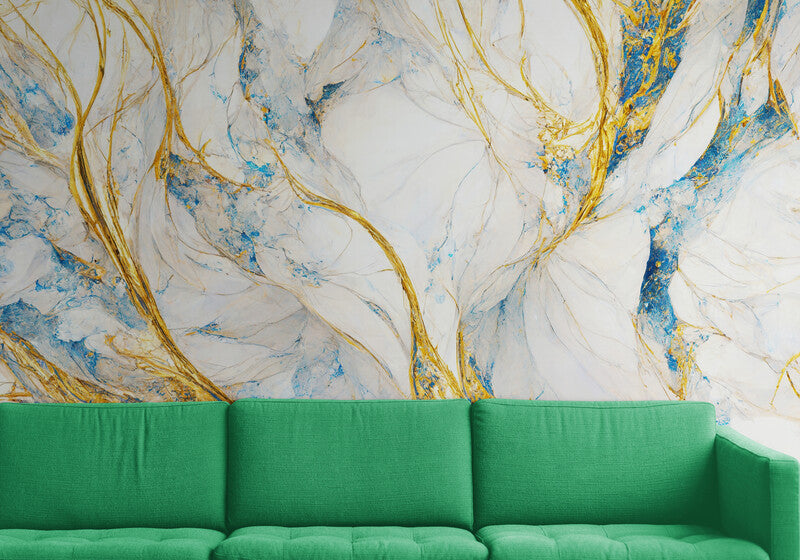 Extra große abstrakte Tapete für Wohnzimmer, Schlafzimmer, Büro, blaues, goldenes und weißes Wandbild, abnehmbare Tapete