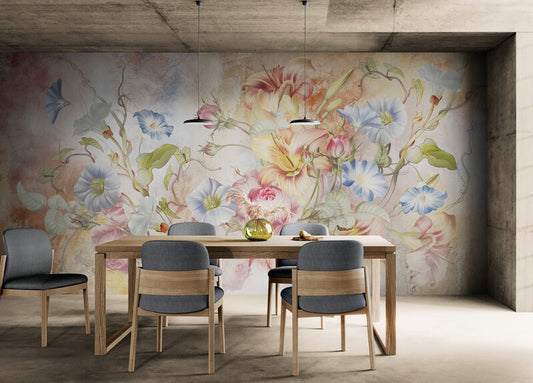 Extra große Blumentapete, abziehbares und aufklebbares Wandbild mit bunten Blumen, Akzenttapete für Wohnzimmer oder Schlafzimmer