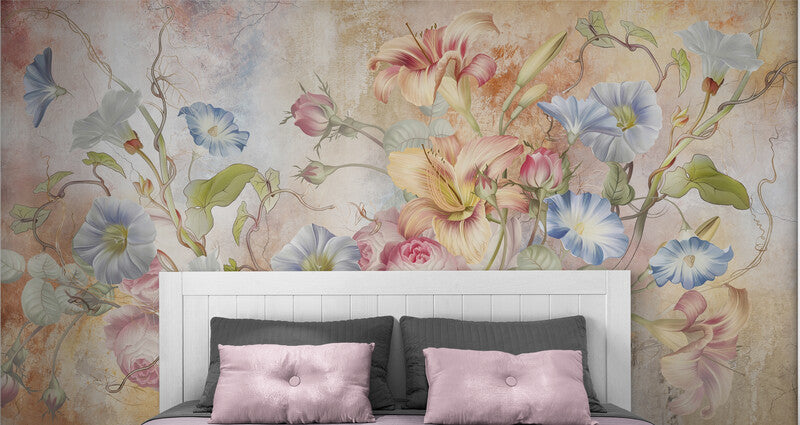 Extra große Blumentapete, abziehbares und aufklebbares Wandbild mit bunten Blumen, Akzenttapete für Wohnzimmer oder Schlafzimmer