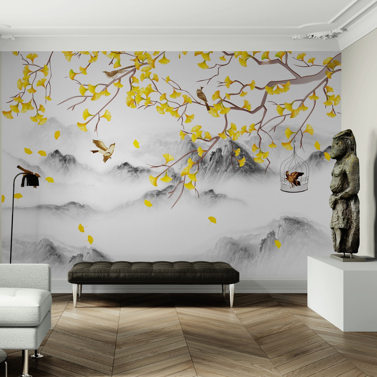 Extra große botanische Tapete, abziehbares und aufklebbares Wandbild mit orientalischen Motiven, Akzenttapete mit Bäumen und Vögeln
