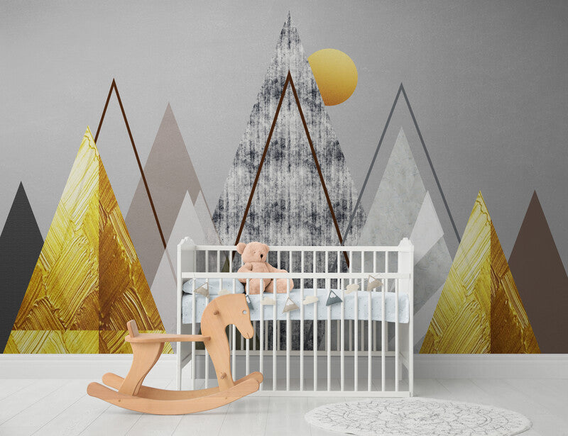 Abstraktes Wandbild mit Bergen, Tapete zum Abziehen und Aufkleben fürs Kinderzimmer, akzentuierende selbstklebende Tapete, Wandbild in Grau und Gold