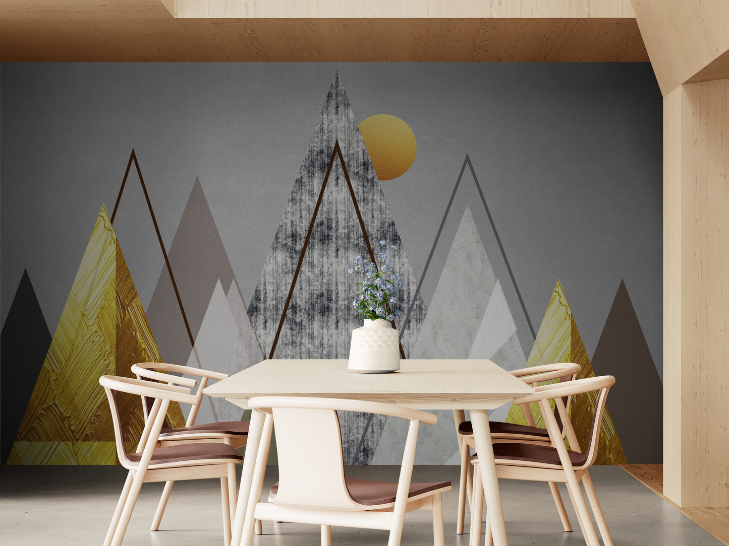 Abstraktes Wandbild mit Bergen, Tapete zum Abziehen und Aufkleben fürs Kinderzimmer, akzentuierende selbstklebende Tapete, Wandbild in Grau und Gold