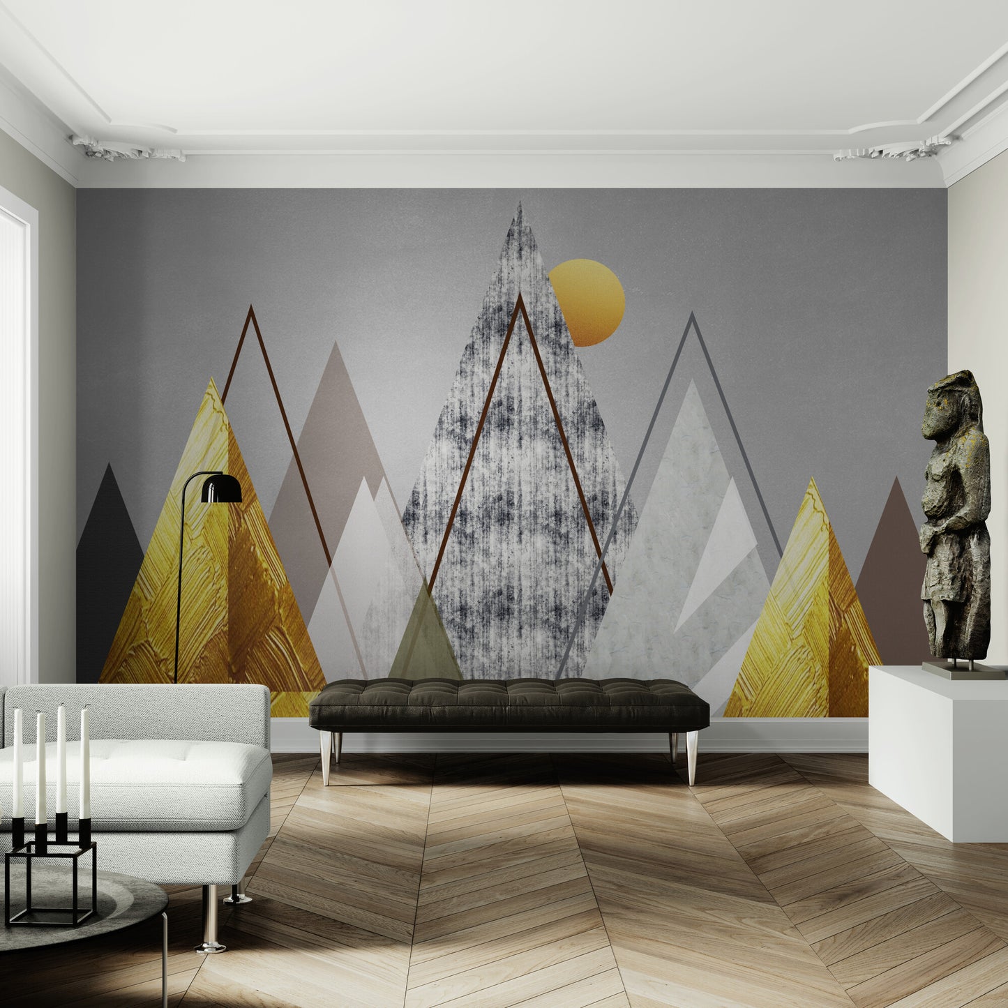Abstraktes Wandbild mit Bergen, Tapete zum Abziehen und Aufkleben fürs Kinderzimmer, akzentuierende selbstklebende Tapete, Wandbild in Grau und Gold