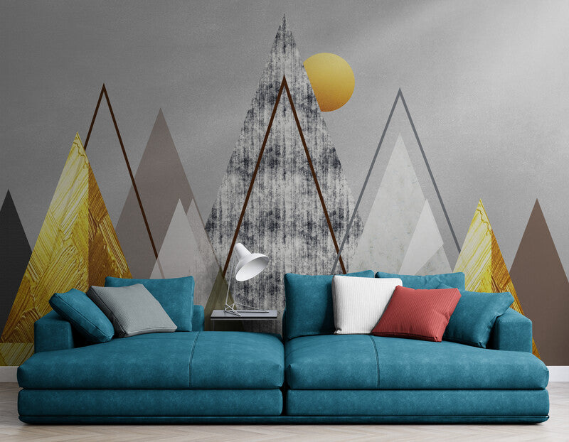 Abstraktes Wandbild mit Bergen, Tapete zum Abziehen und Aufkleben fürs Kinderzimmer, akzentuierende selbstklebende Tapete, Wandbild in Grau und Gold
