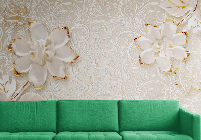 Extra große Blumentapete, weiß-goldenes Wandbild, Luxustapete mit Blumen, selbstklebendes Wandbild für Schlafzimmer