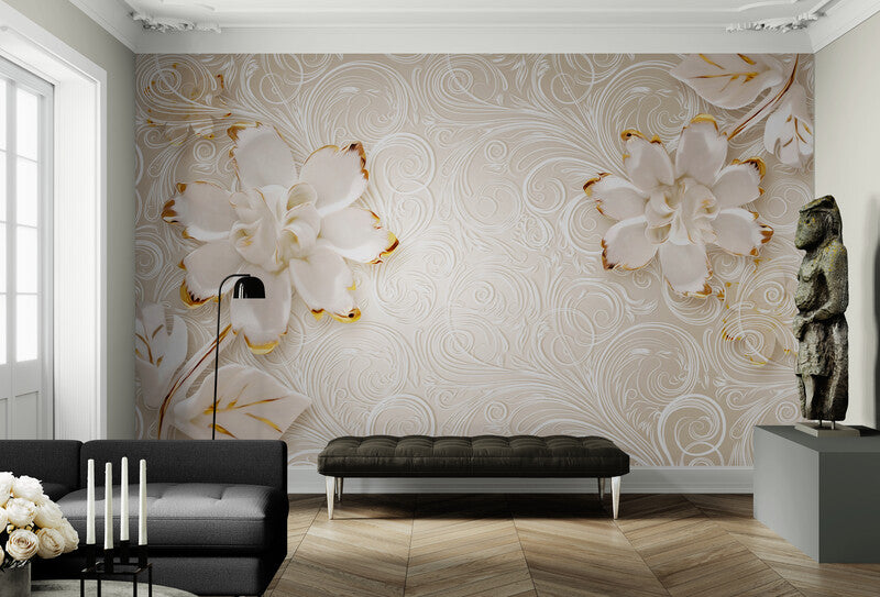 Extra große Blumentapete, weiß-goldenes Wandbild, Luxustapete mit Blumen, selbstklebendes Wandbild für Schlafzimmer