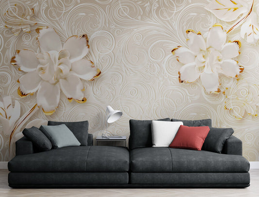 Extra große Blumentapete, weiß-goldenes Wandbild, Luxustapete mit Blumen, selbstklebendes Wandbild für Schlafzimmer