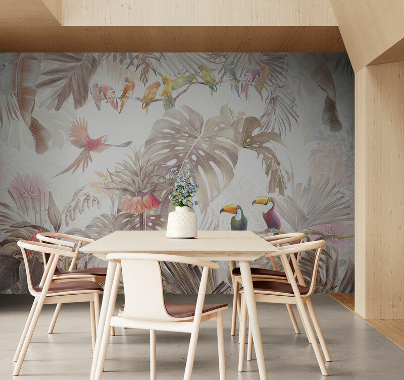 Botanisches selbstklebendes Wandbild, Naturtapete zum Abziehen und Aufkleben, akzentuierende tropische Tapete, abnehmbare Tapete mit Vögeln