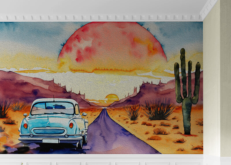 Landschaftstapete, extra großes Naturwandbild, Tapete mit Auto, Tapete mit Straße, abnehmbare Tapete, Abzieh- und Klebetapete