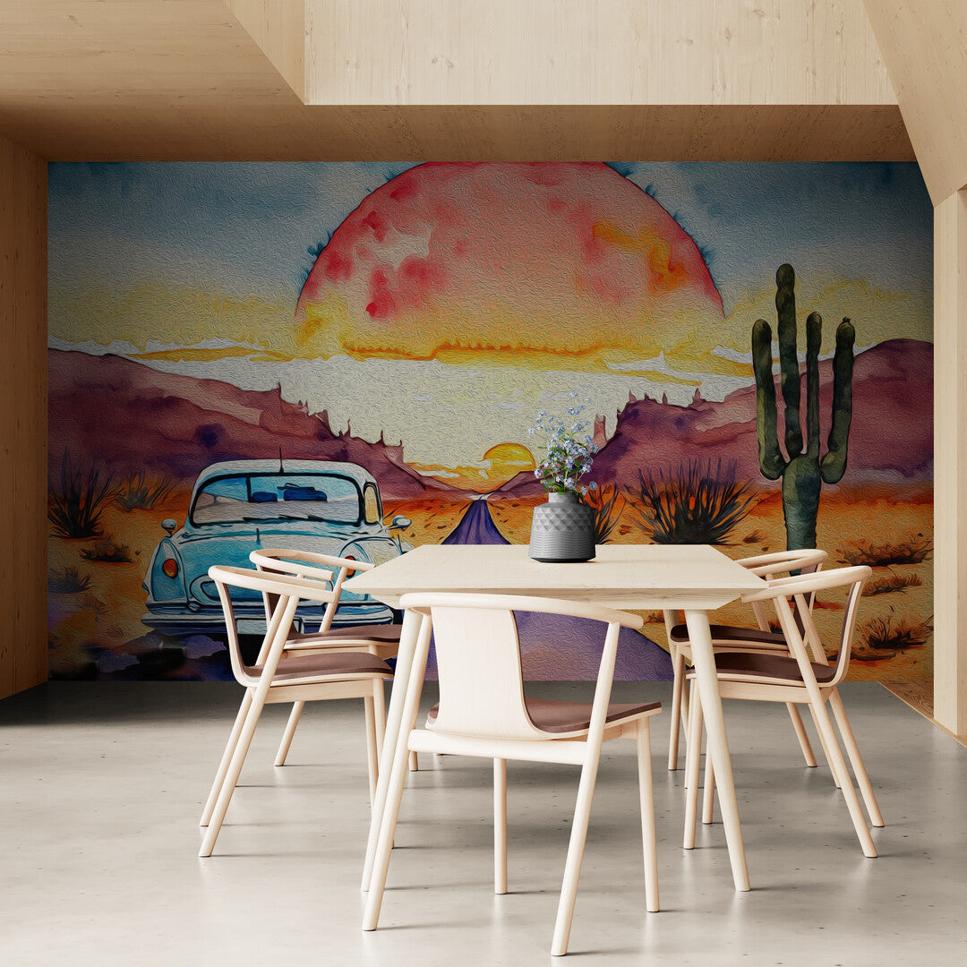 Landschaftstapete, extra großes Naturwandbild, Tapete mit Auto, Tapete mit Straße, abnehmbare Tapete, Abzieh- und Klebetapete