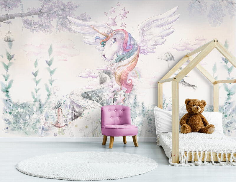 Kinderzimmertapete, extra großes Wandbild mit Einhorn, abnehmbare Babyzimmertapete für Mädchen, rosa Abzieh- und Klebetapete