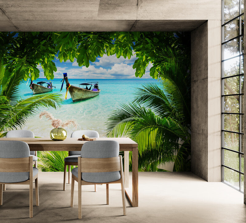 Tropische Tapete, extra großes Wandbild mit Meereslandschaft, selbstklebende Tapete mit Palmen, grüne Abzieh- und Klebetapete, akzentuiertes botanisches Wandbild