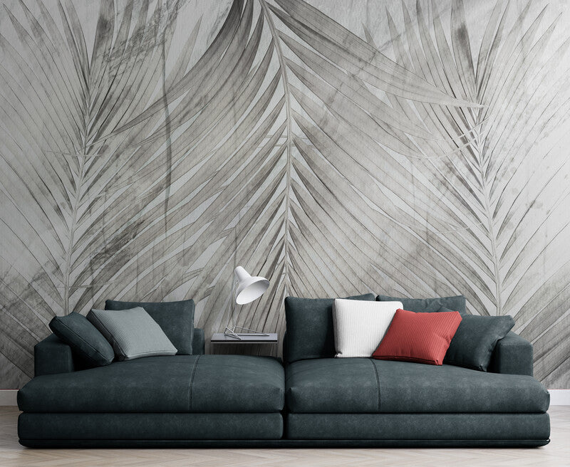 Extra große Tapete mit Bananenblättern, Wandbild mit Blättern, akzentuiertes botanisches Wandbild, schwarz-weiße Tapete fürs Schlafzimmer