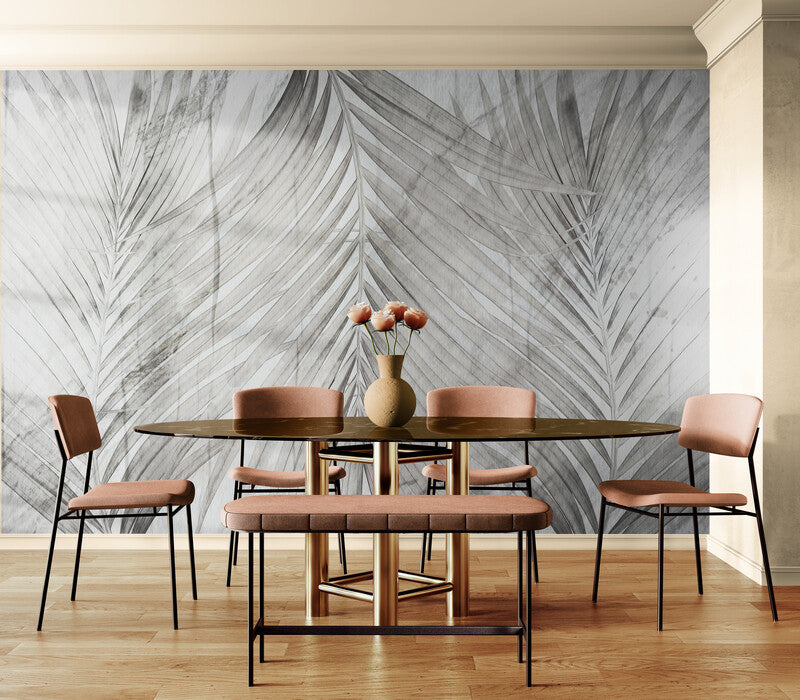 Extra große Tapete mit Bananenblättern, Wandbild mit Blättern, akzentuiertes botanisches Wandbild, schwarz-weiße Tapete fürs Schlafzimmer