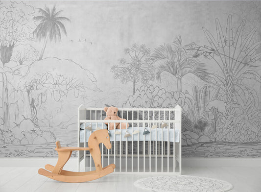 Schwarz-weiße botanische Tapete, Natur-Wandbild, akzentuierende Kinderzimmer-Tapete, tropische Tapete zum Abziehen und Aufkleben fürs Schlafzimmer, abnehmbares Wandbild